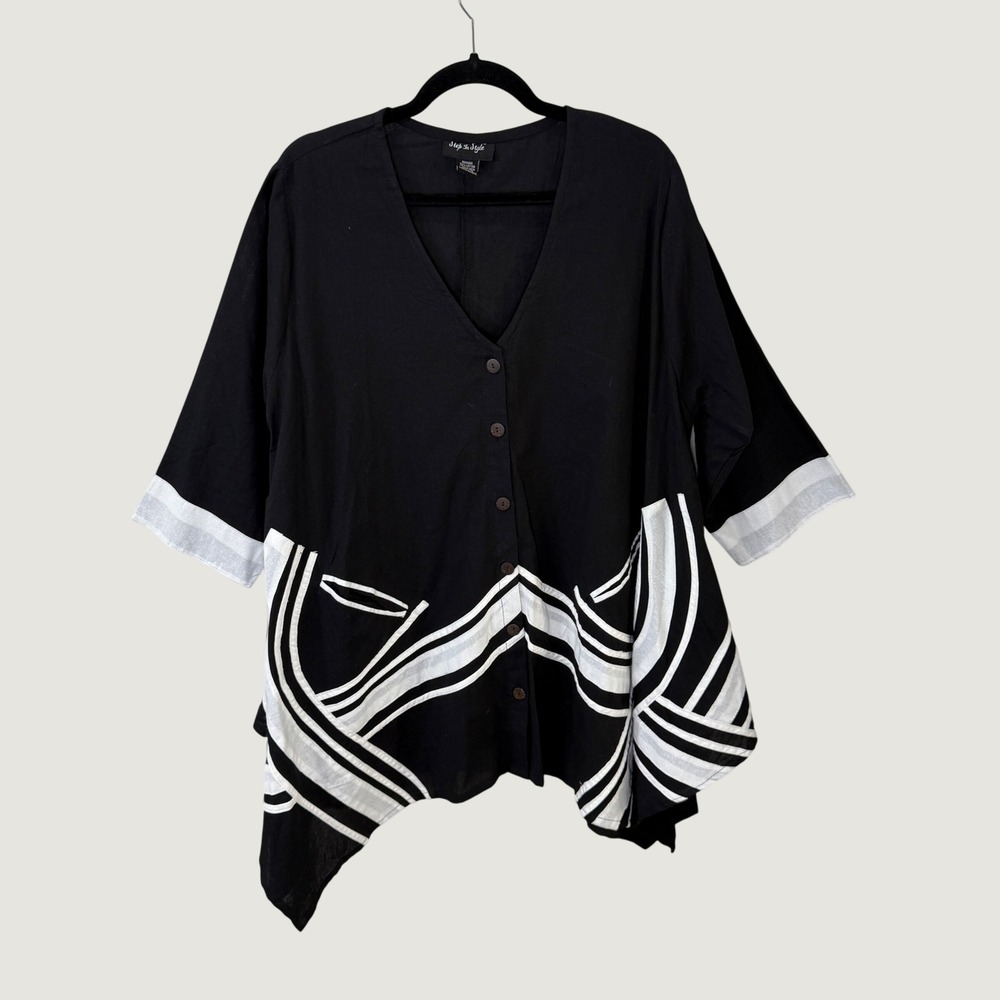 Step In Style Tunic One Size Black White Lagenlook Artsy Asymmetrical Cotton